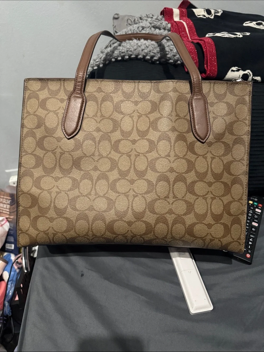 Coach Brown Signature Canvas Tote with Leather Trim
